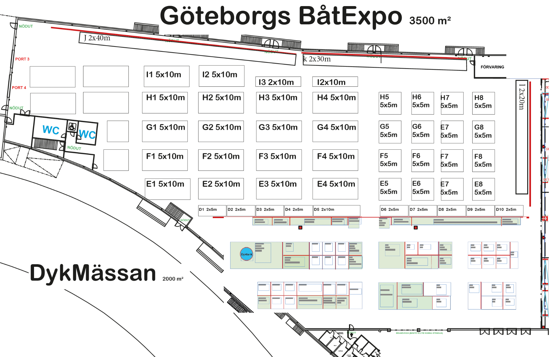 Planritning över Göteborgs BåtExpo och DykMässan i Åby Arena
